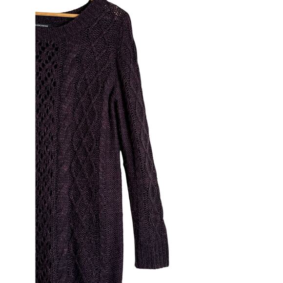 Foreign Exchange Women's Cable Knit Scoop Neck Tunic Sweater Size L Black Purple - Picture 2 of 6